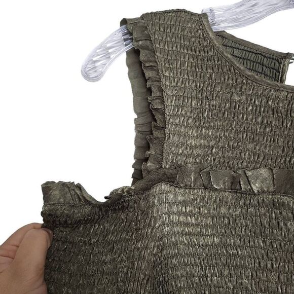 NEW STORIA Olive Green Cold Shoulder Balloon Sleeves Ruffle Mini Dress Medium - Picture 4 of 11